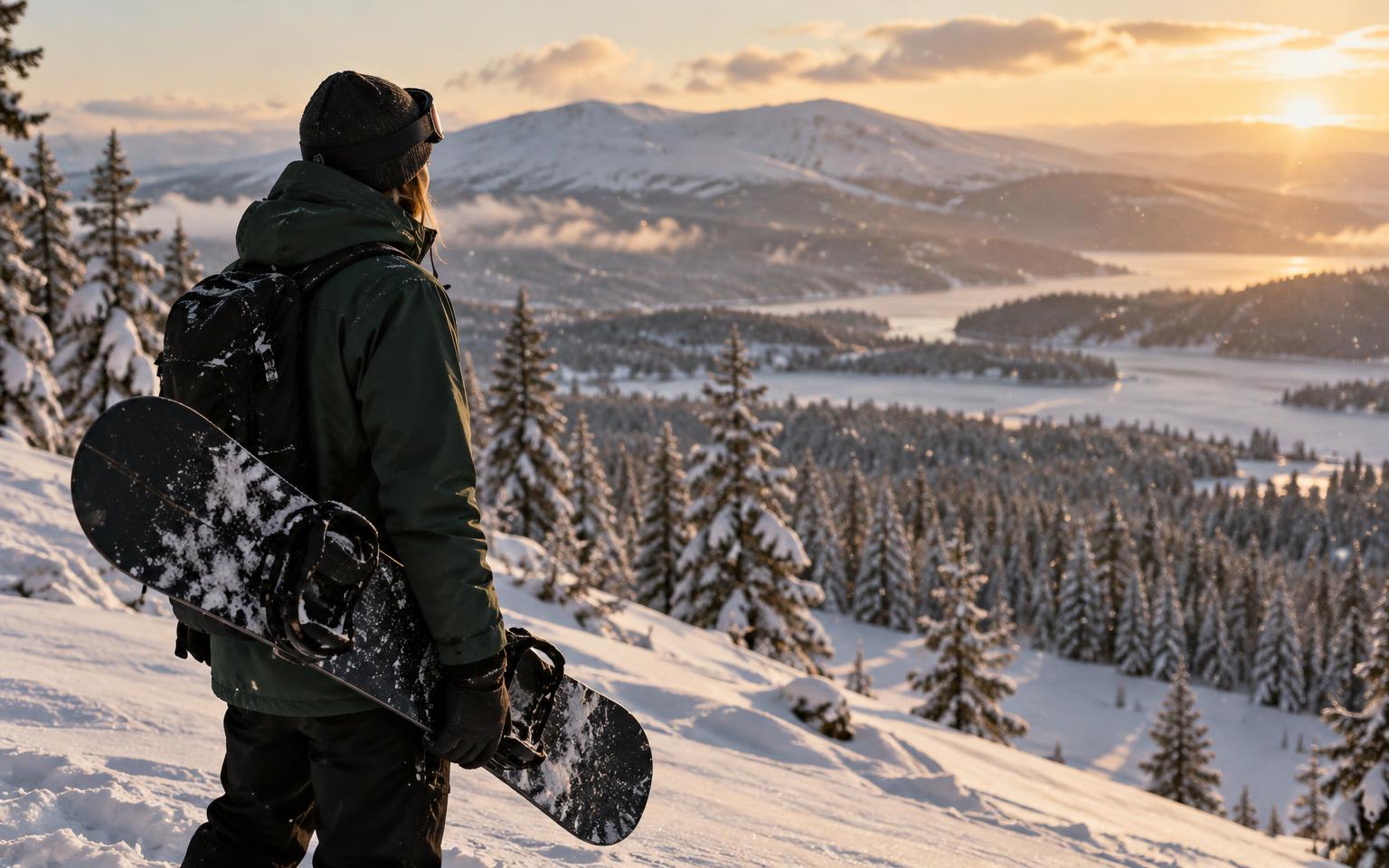 Snowboardåkare står på ett snöigt fjäll i Åre vid solnedgång med snowboarden över axeln